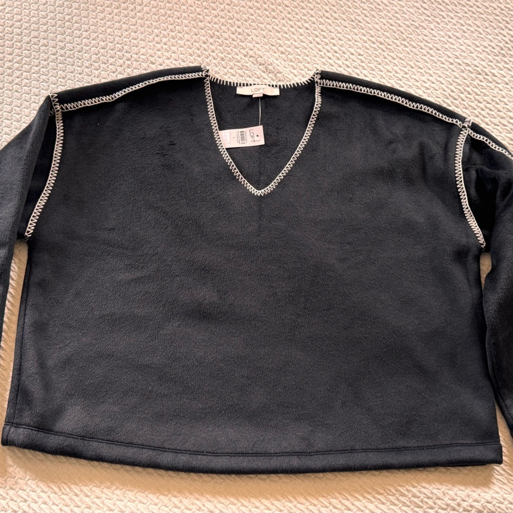 LOFT Charcoal V-Neck Sweater with Light Trim NWT